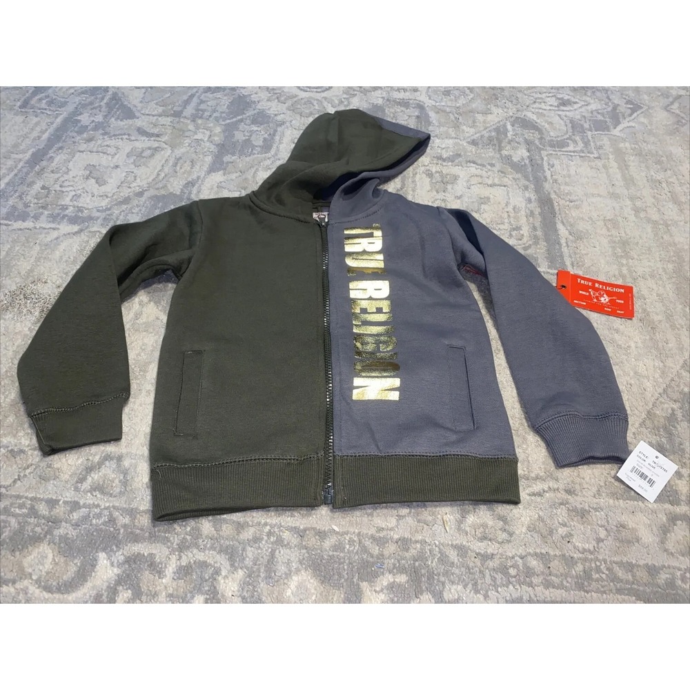 New True Religion Zip Up Hoodie Sweatshirt Jacket Gray Green Youth Boys Size 5